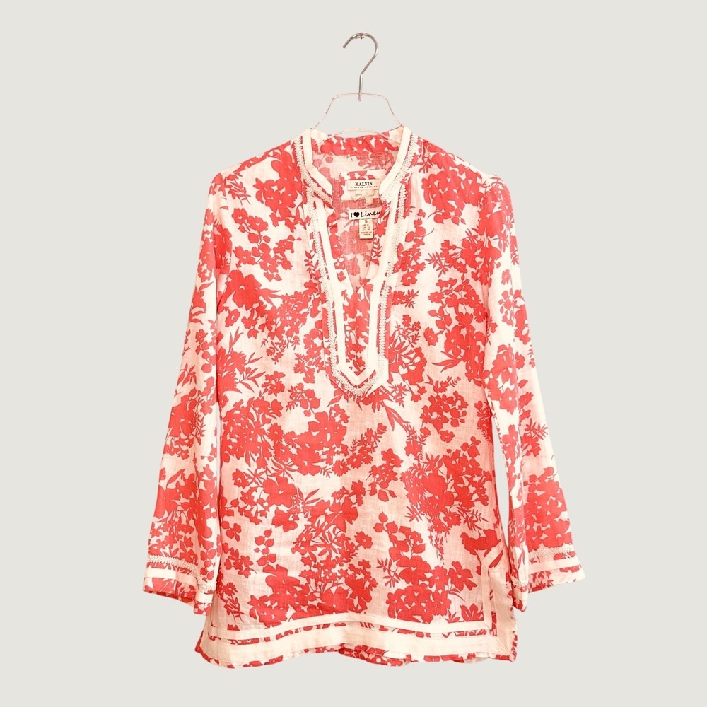 Malvin Hamburg Germany 100% Linen Floral Tunic Top Coral Red White Small